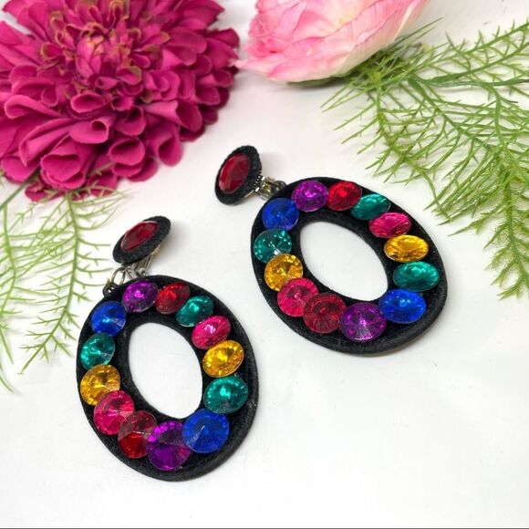 VINTAGE⚜️RETRO Multicolor Crystal Black Velvet Clip Earrings - Picture 4 of 7